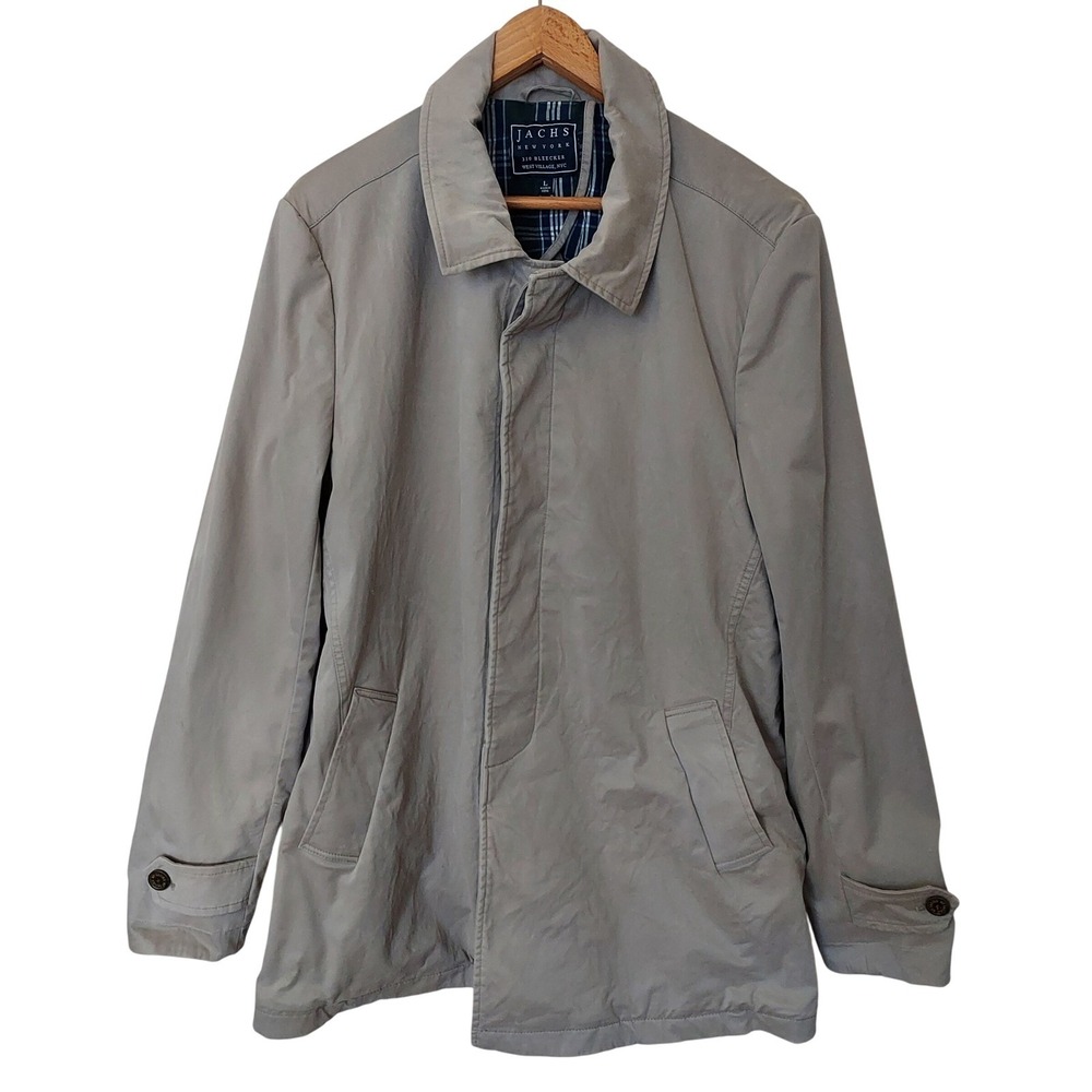Jachs NY Mens Tan Cotton Plaid Lined Trench Car Coat Jacket L Coastal Preppy